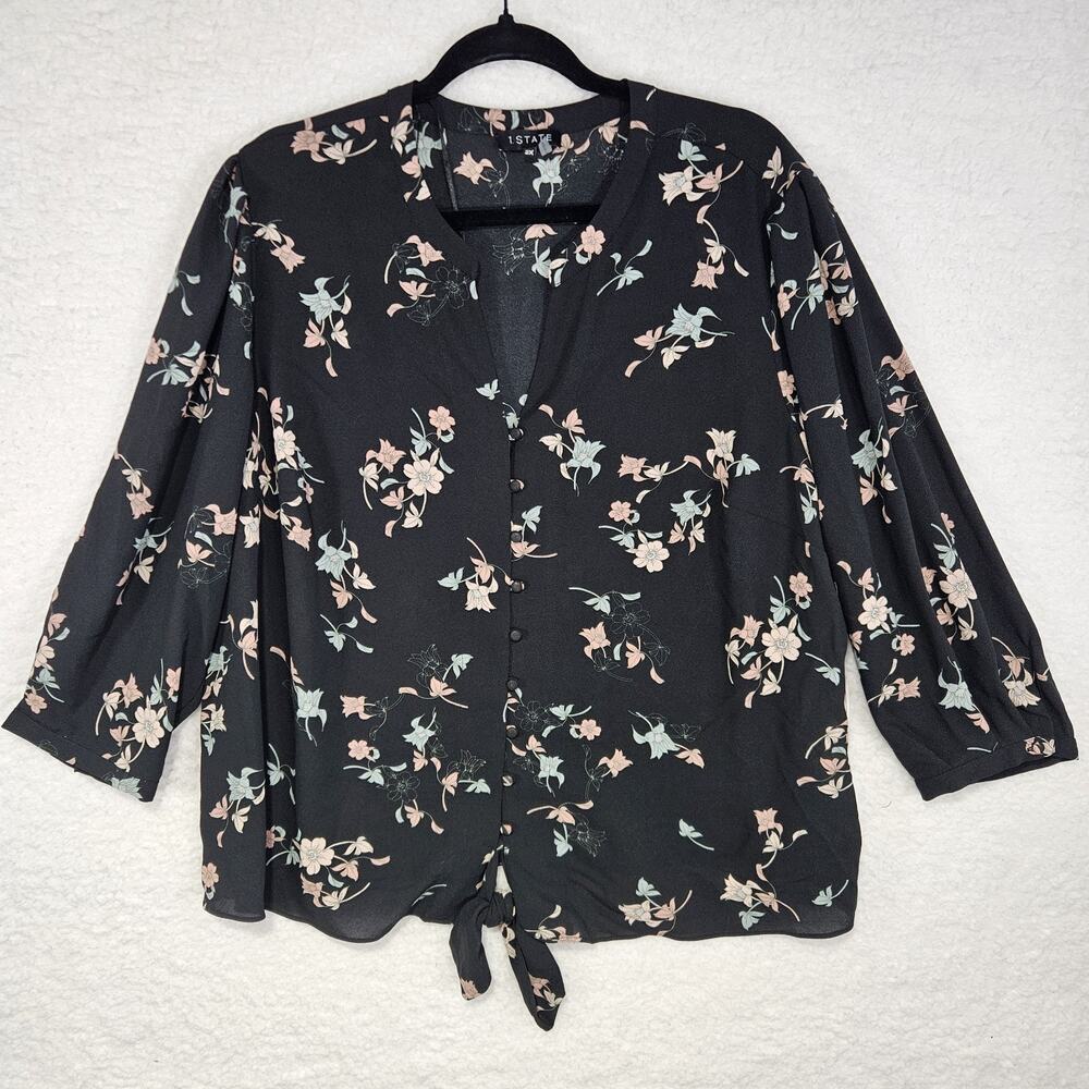 1. State Black and Blush Floral Print Tied Hem Button Up V-Neck Blouse Womens 2X